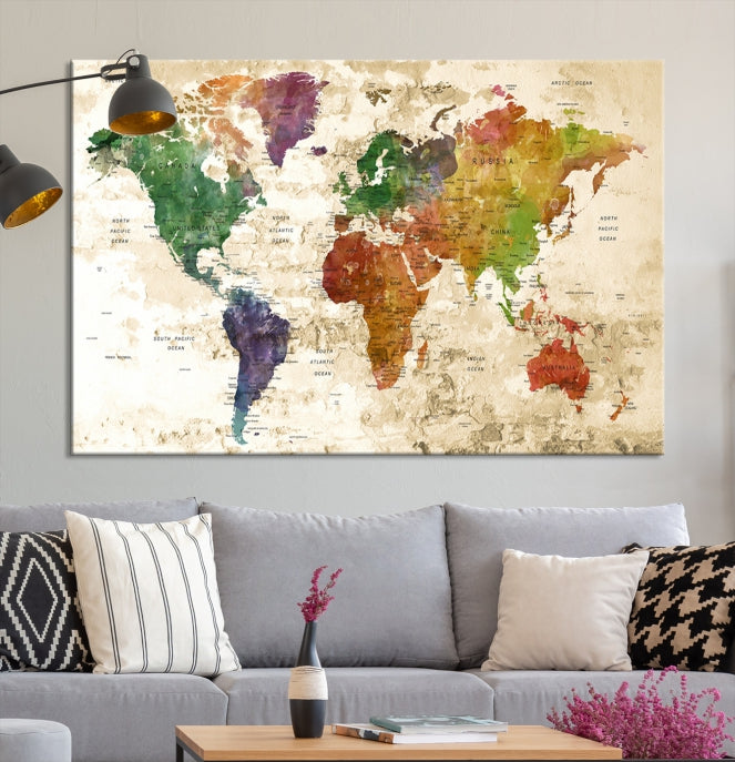 Push Pin World Map Canvas Print with Brownish Background Extra Large Framed Map Poster