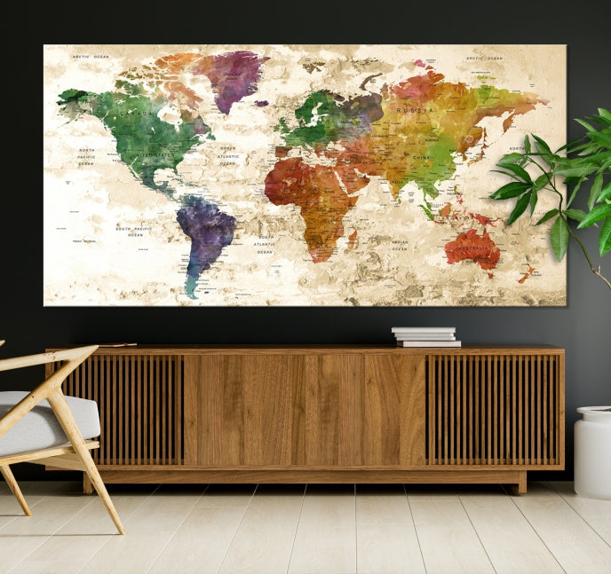 Push Pin World Map Canvas Print with Brownish Background Extra Large Framed Map Poster