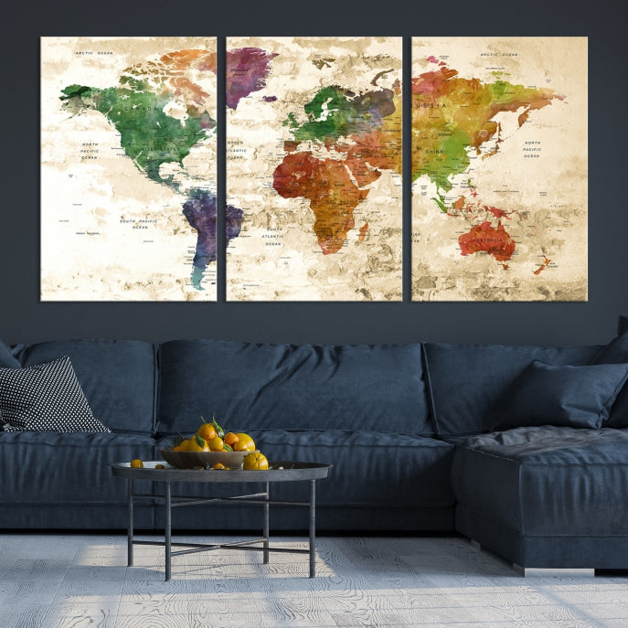 Push Pin World Map Canvas Print with Brownish Background Extra Large Framed Map Poster