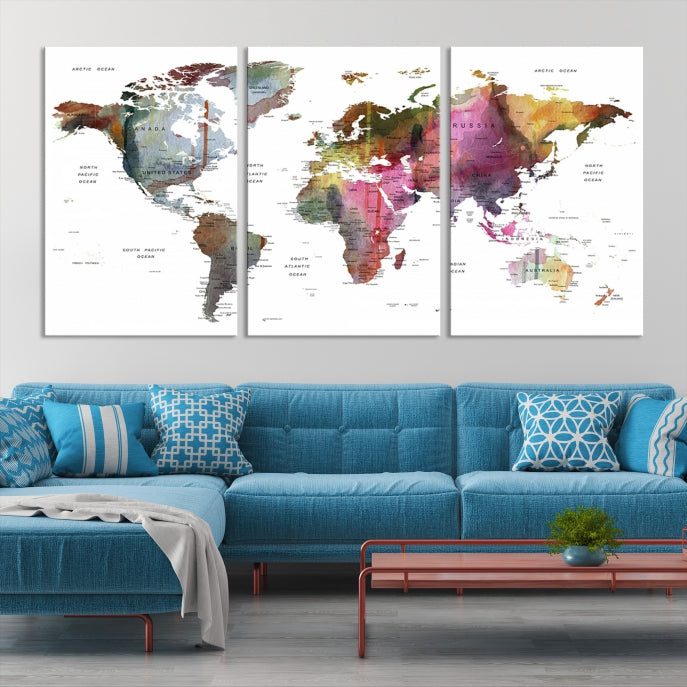 Push Pin World Map Printing on Canvas Modern Decoration Wall Art Print for Living Room