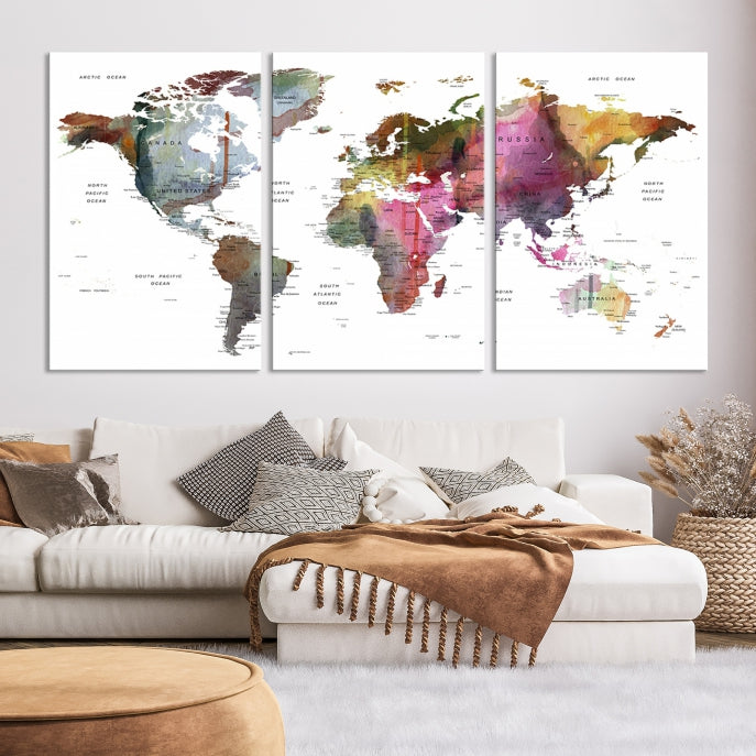 Push Pin World Map Printing on Canvas Modern Decoration Wall Art Print for Living Room