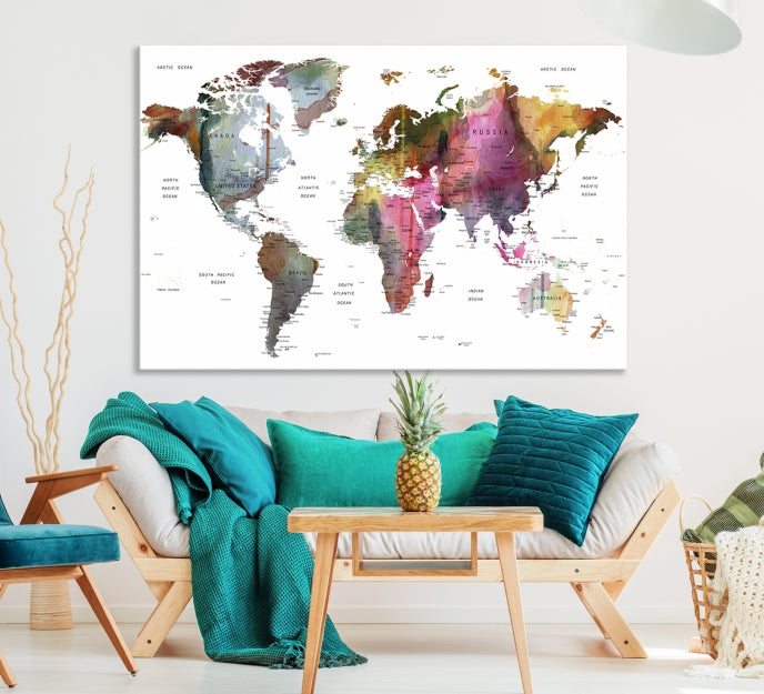 Push Pin World Map Printing on Canvas Modern Decoration Wall Art Print for Living Room