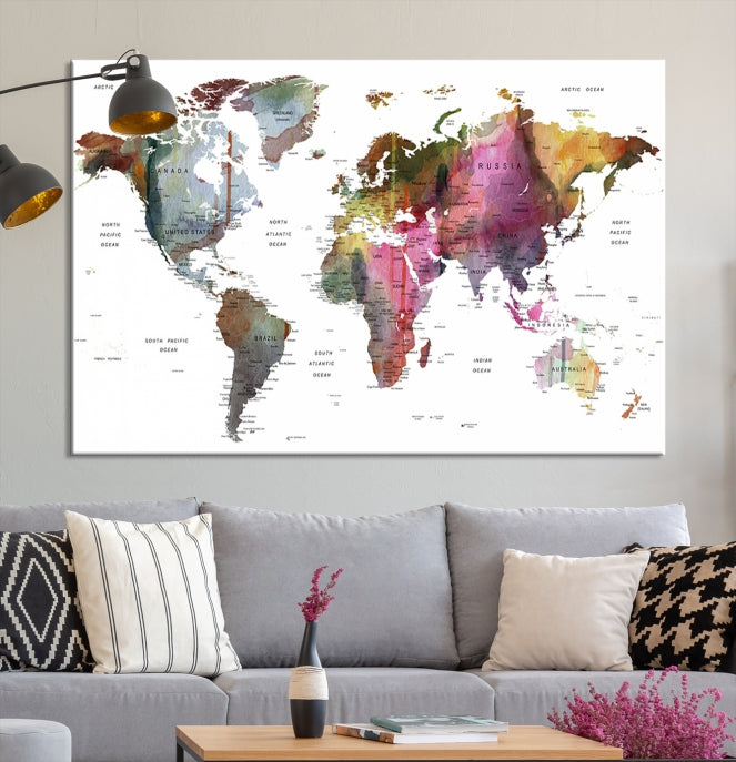 Push Pin World Map Printing on Canvas Modern Decoration Wall Art Print for Living Room