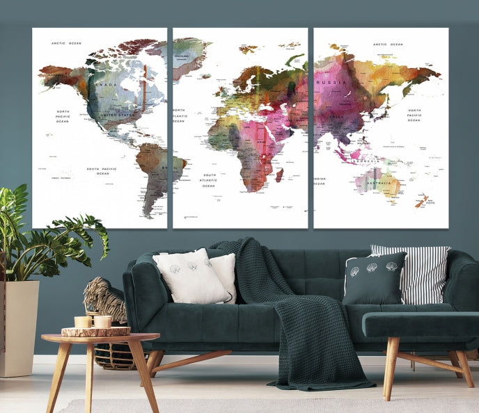 Push Pin World Map Printing on Canvas Modern Decoration Wall Art Print for Living Room