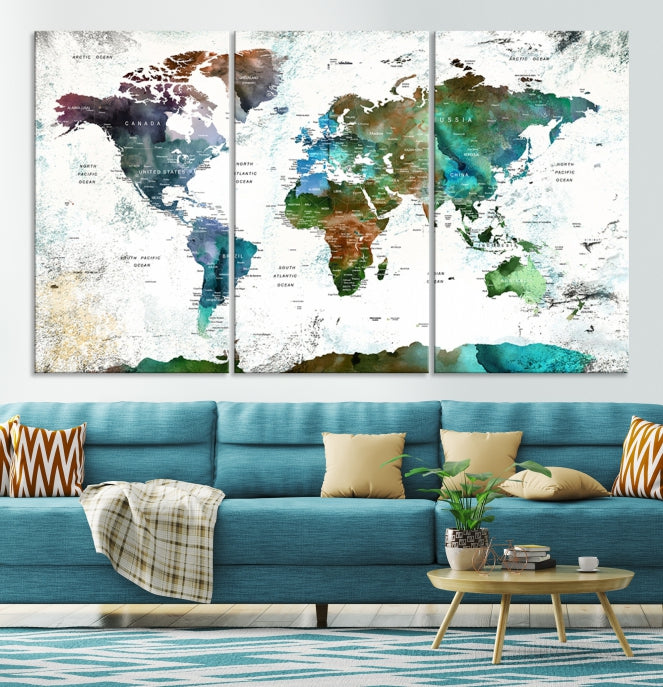 Push Pin World Map Wall Art Canvas Print Detalied Map Art Painting for Home Decor