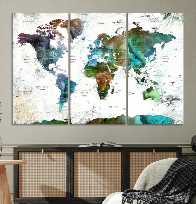 Push Pin World Map Wall Art Canvas Print Detalied Map Art Painting for Home Decor