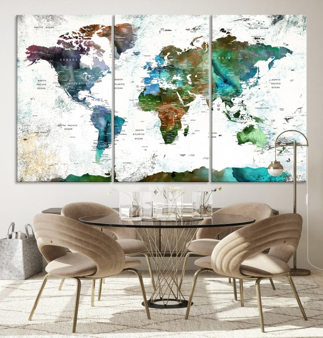 Push Pin World Map Wall Art Canvas Print Detalied Map Art Painting for Home Decor