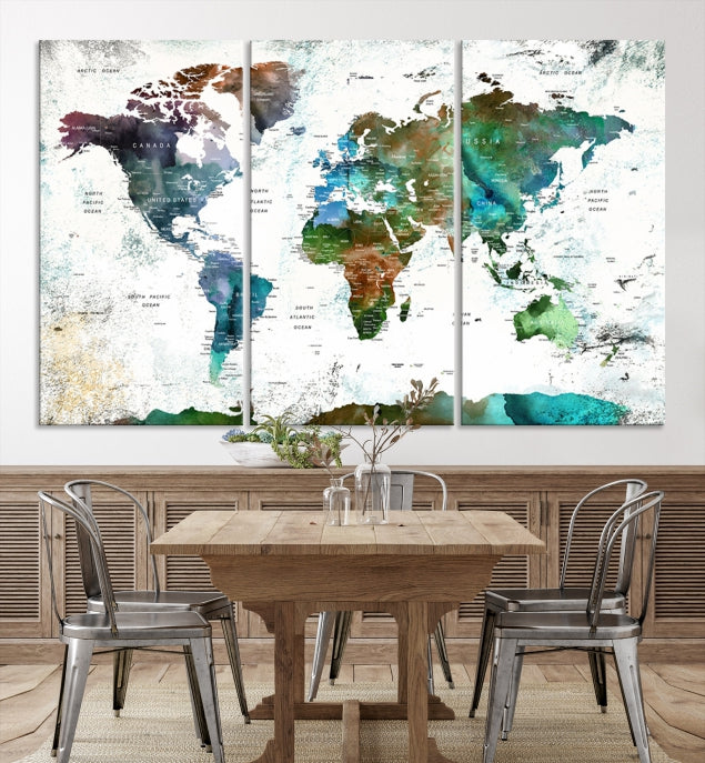 Push Pin World Map Wall Art Canvas Print Detalied Map Art Painting for Home Decor