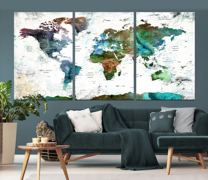 Push Pin World Map Wall Art Canvas Print Detalied Map Art Painting for Home Decor