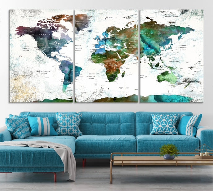 Push Pin World Map Wall Art Canvas Print Detalied Map Art Painting for Home Decor