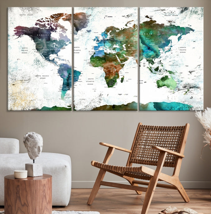 Push Pin World Map Wall Art Canvas Print Detalied Map Art Painting for Home Decor