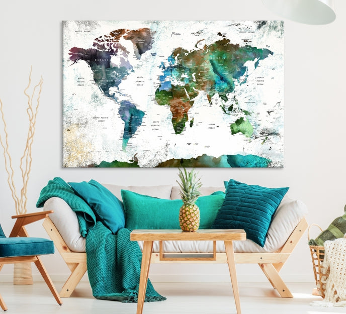 Push Pin World Map Wall Art Canvas Print Detalied Map Art Painting for Home Decor