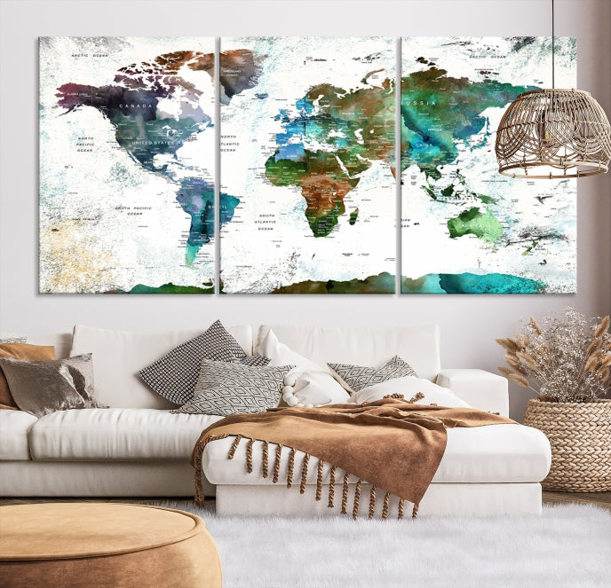 Push Pin World Map Wall Art Canvas Print Detalied Map Art Painting for Home Decor