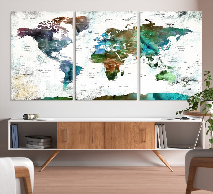 Push Pin World Map Wall Art Canvas Print Detalied Map Art Painting for Home Decor