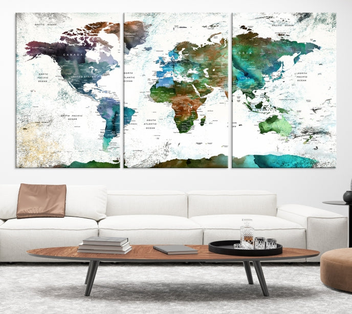 Push Pin World Map Wall Art Canvas Print Detalied Map Art Painting for Home Decor