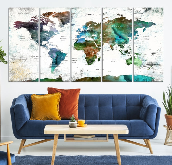 Push Pin World Map Wall Art Canvas Print Detalied Map Art Painting for Home Decor