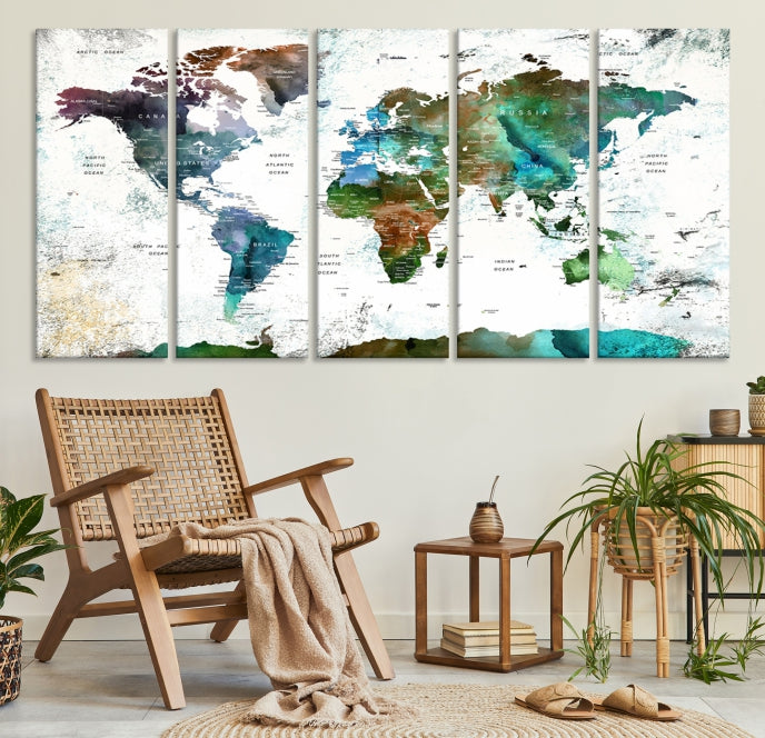 Push Pin World Map Wall Art Canvas Print Detalied Map Art Painting for Home Decor