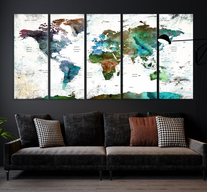 Push Pin World Map Wall Art Canvas Print Detalied Map Art Painting for Home Decor