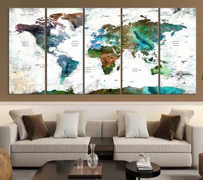 Push Pin World Map Wall Art Canvas Print Detalied Map Art Painting for Home Decor