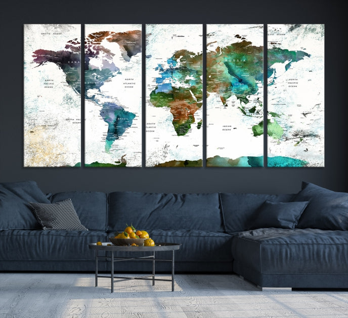 Push Pin World Map Wall Art Canvas Print Detalied Map Art Painting for Home Decor