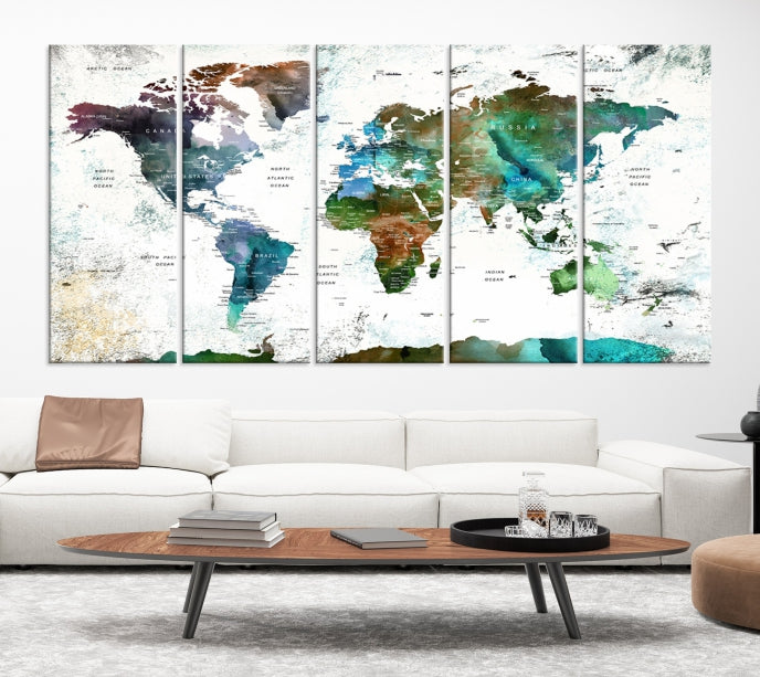 Push Pin World Map Wall Art Canvas Print Detalied Map Art Painting for Home Decor