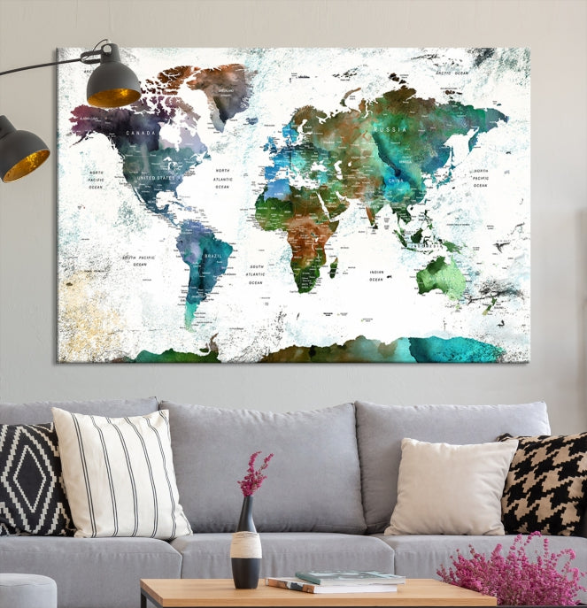 Push Pin World Map Wall Art Canvas Print Detalied Map Art Painting for Home Decor