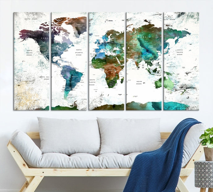 Push Pin World Map Wall Art Canvas Print Detalied Map Art Painting for Home Decor