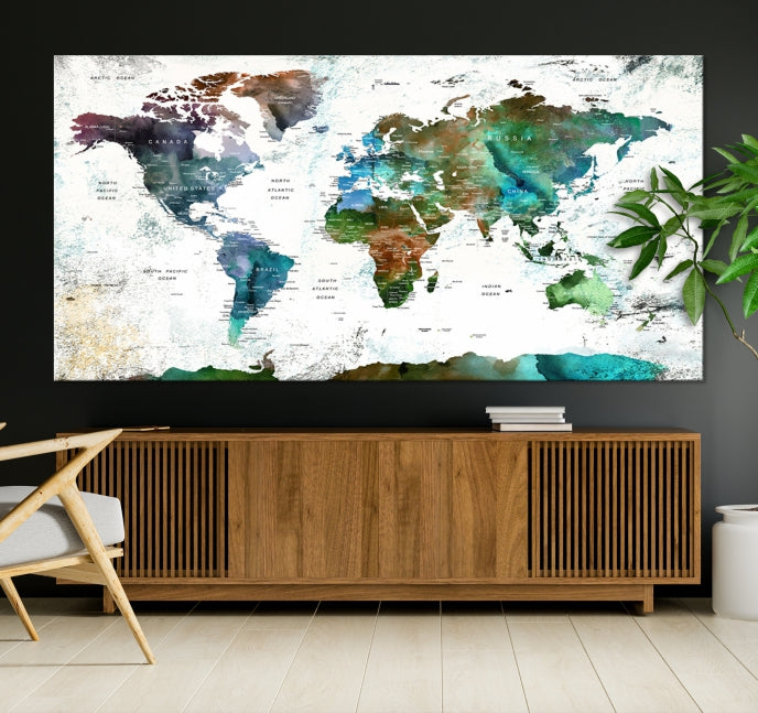 Push Pin World Map Wall Art Canvas Print Detalied Map Art Painting for Home Decor