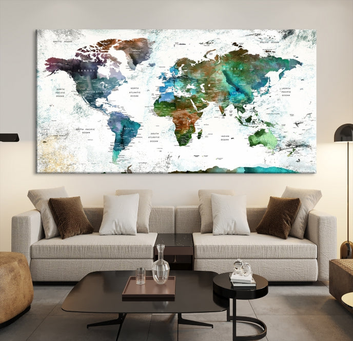 Push Pin World Map Wall Art Canvas Print Detalied Map Art Painting for Home Decor