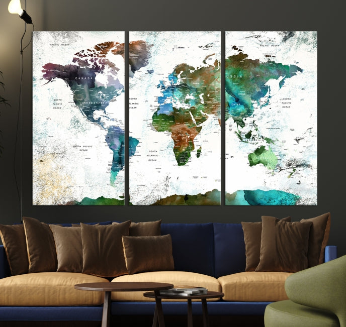 Push Pin World Map Wall Art Canvas Print Detalied Map Art Painting for Home Decor