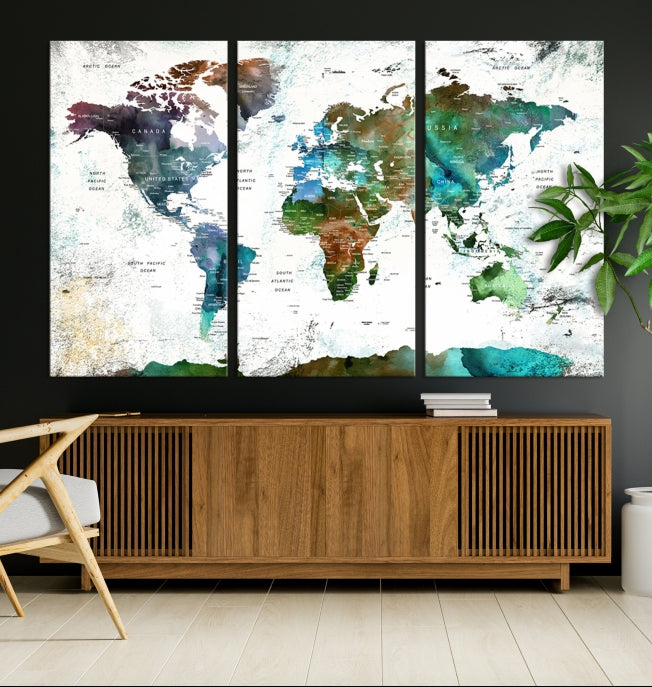 Push Pin World Map Wall Art Canvas Print Detalied Map Art Painting for Home Decor