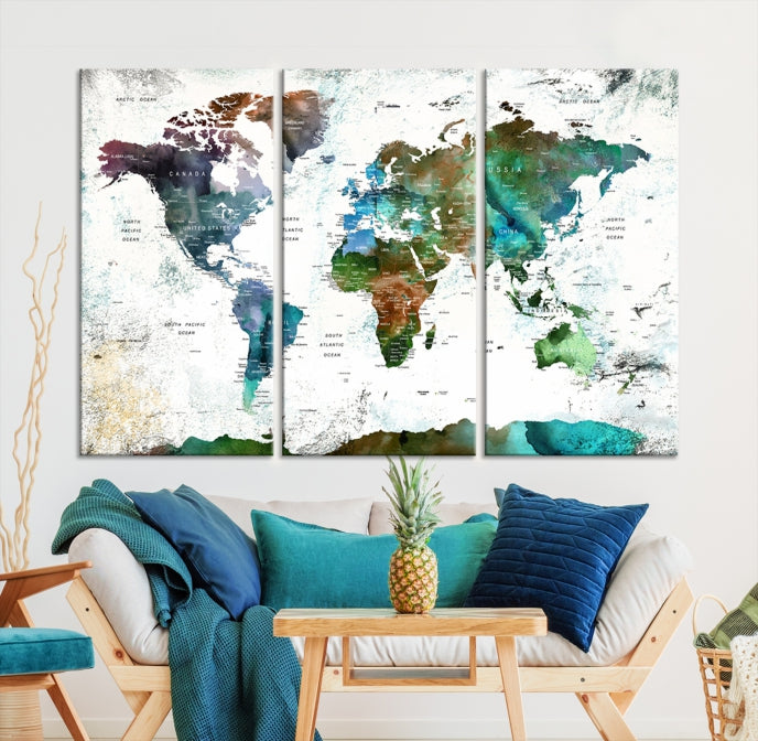 Push Pin World Map Wall Art Canvas Print Detalied Map Art Painting for Home Decor