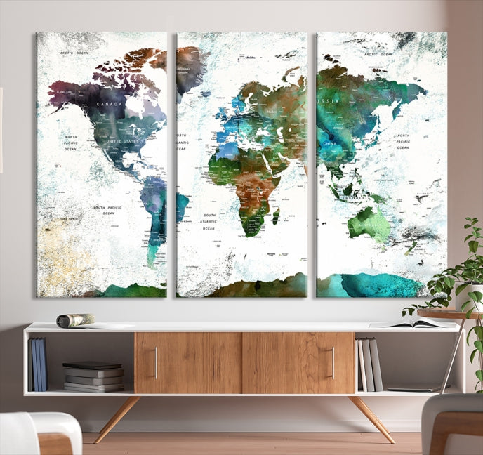 Push Pin World Map Wall Art Canvas Print Detalied Map Art Painting for Home Decor