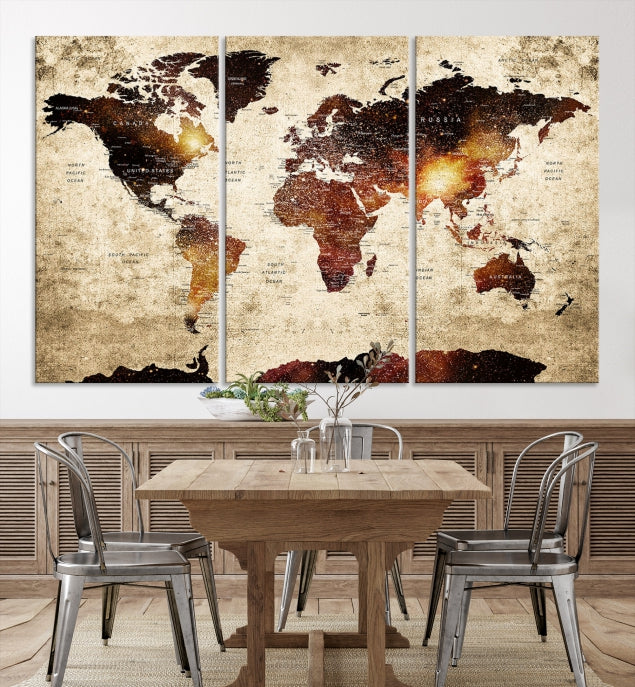 Push Pin World Map with Antarctica Canvas Wall Art Print Ready to Hang