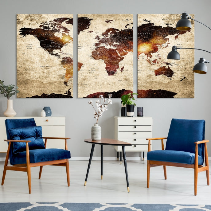 Push Pin World Map with Antarctica Canvas Wall Art Print Ready to Hang