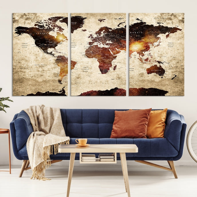 Push Pin World Map with Antarctica Canvas Wall Art Print Ready to Hang