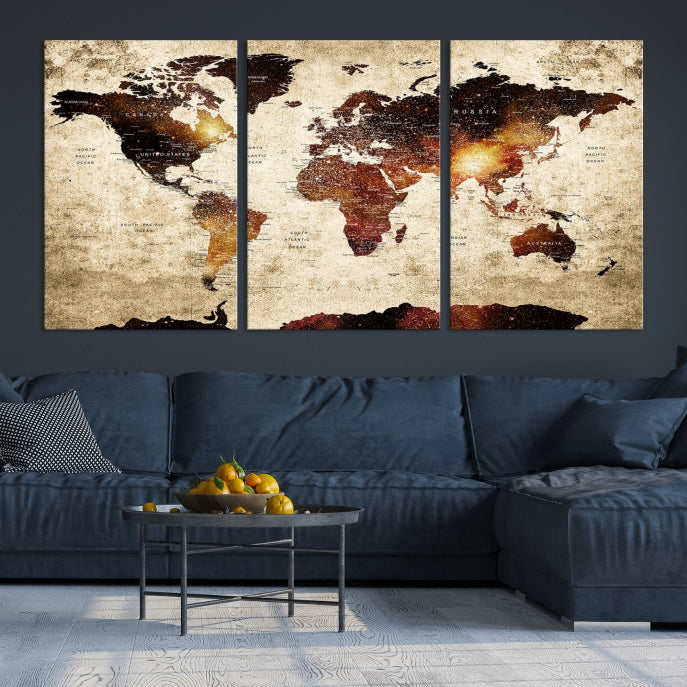 Push Pin World Map with Antarctica Canvas Wall Art Print Ready to Hang