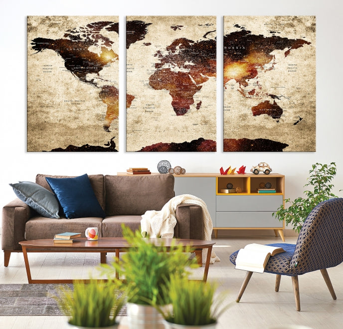 Push Pin World Map with Antarctica Canvas Wall Art Print Ready to Hang