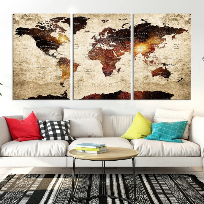 Push Pin World Map with Antarctica Canvas Wall Art Print Ready to Hang