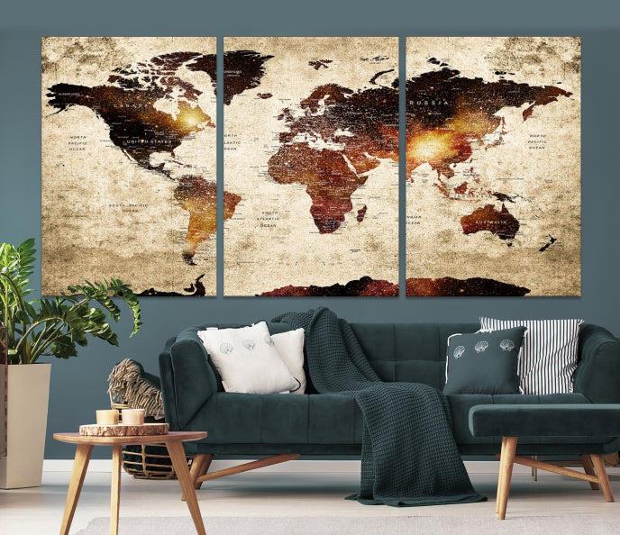 Push Pin World Map with Antarctica Canvas Wall Art Print Ready to Hang