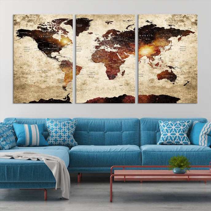 Push Pin World Map with Antarctica Canvas Wall Art Print Ready to Hang