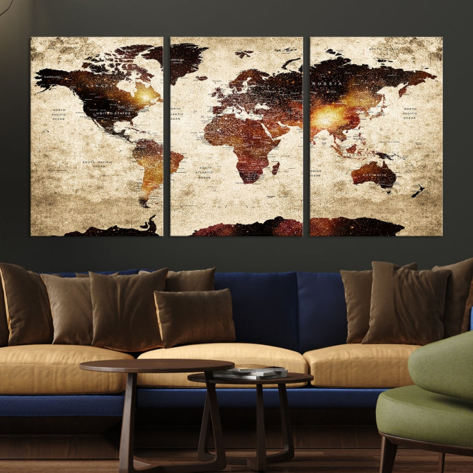 Push Pin World Map with Antarctica Canvas Wall Art Print Ready to Hang