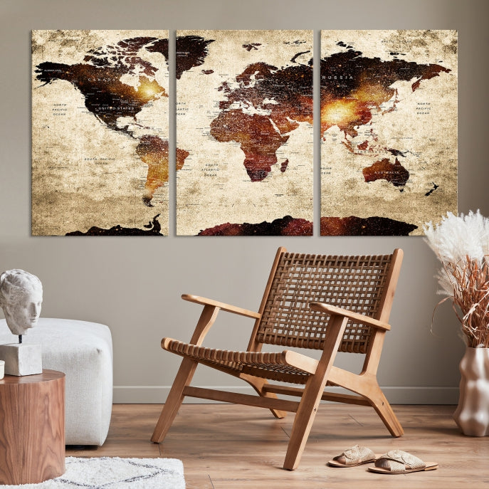 Push Pin World Map with Antarctica Canvas Wall Art Print Ready to Hang