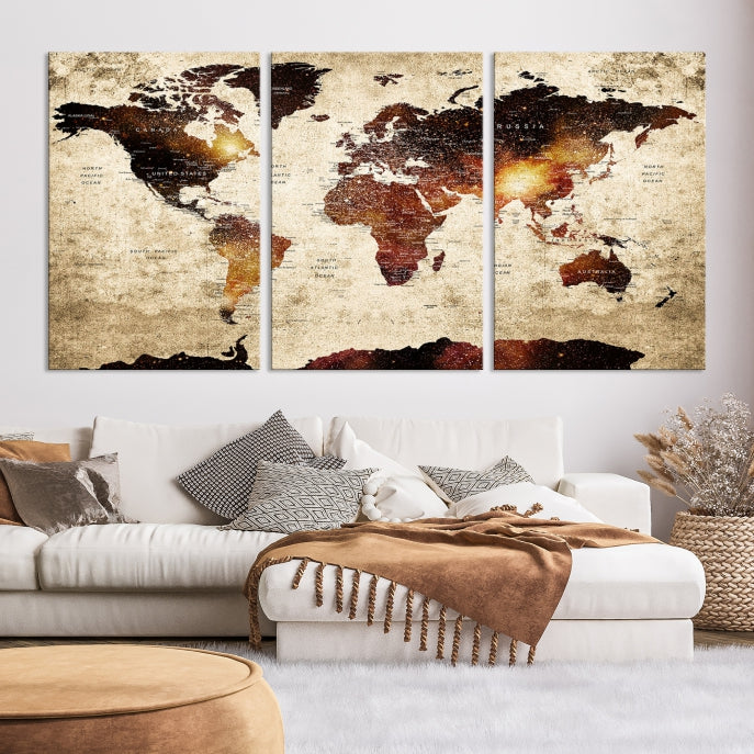 Push Pin World Map with Antarctica Canvas Wall Art Print Ready to Hang