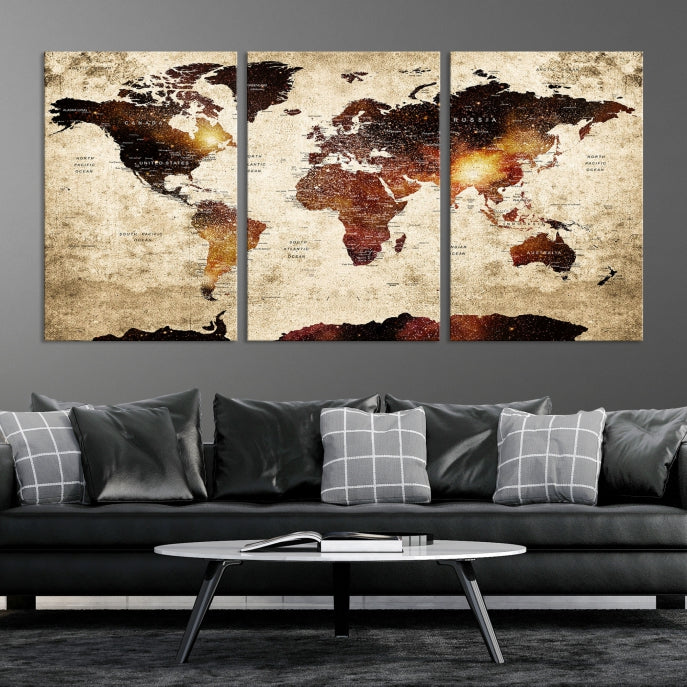 Push Pin World Map with Antarctica Canvas Wall Art Print Ready to Hang