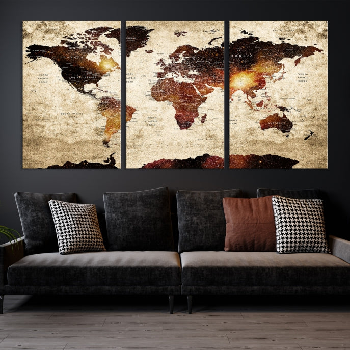 Push Pin World Map with Antarctica Canvas Wall Art Print Ready to Hang