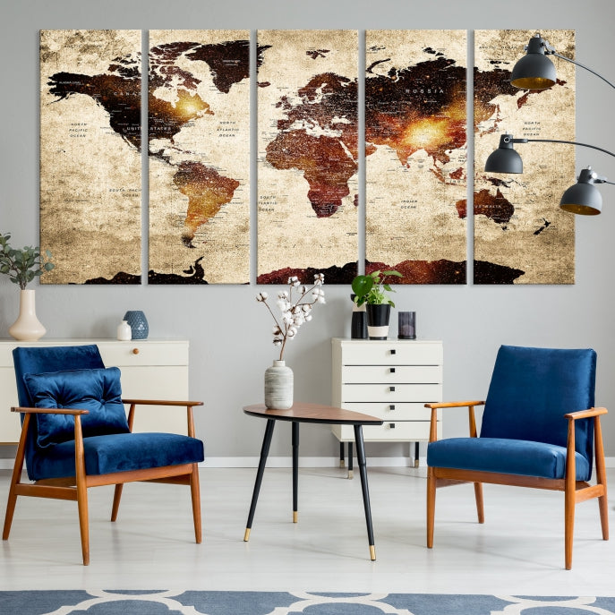 Push Pin World Map with Antarctica Canvas Wall Art Print Ready to Hang