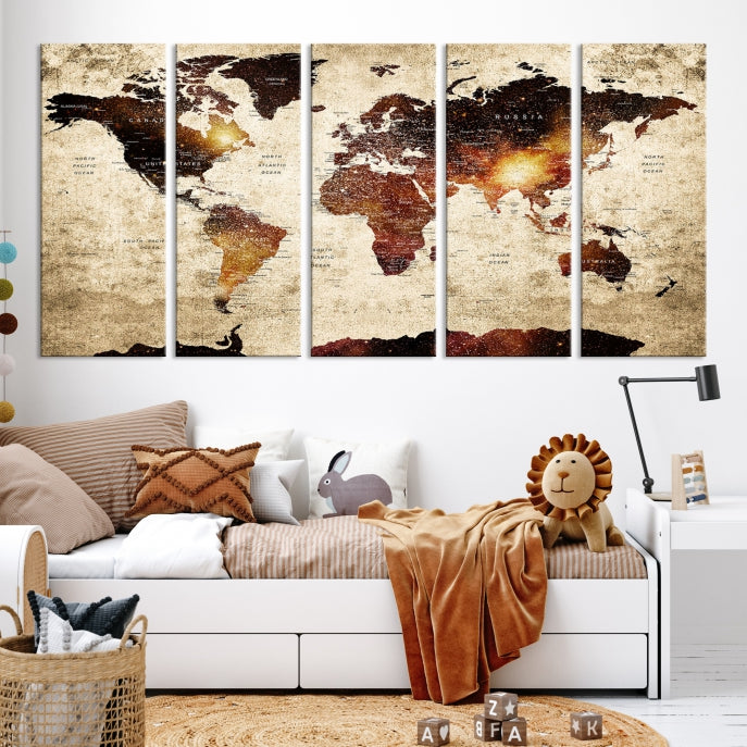 Push Pin World Map with Antarctica Canvas Wall Art Print Ready to Hang