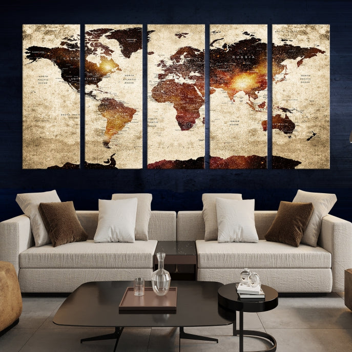 Push Pin World Map with Antarctica Canvas Wall Art Print Ready to Hang