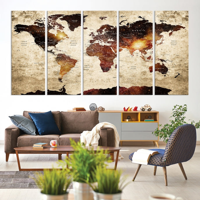 Push Pin World Map with Antarctica Canvas Wall Art Print Ready to Hang